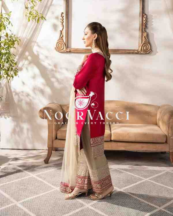 Heavy Embroidered Satin Silk Suit with Dupatta and Faux Georgette Pant Set - Image 3