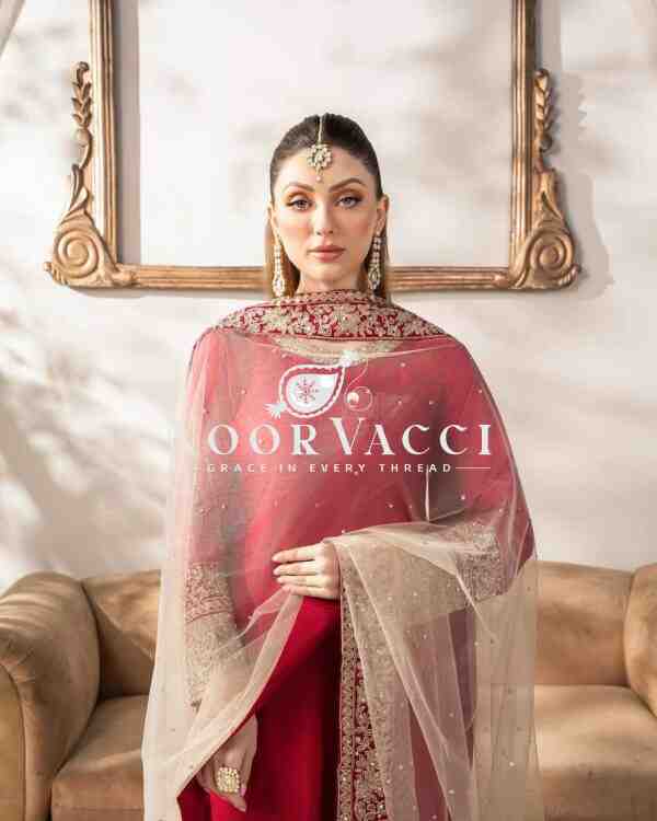 Heavy Embroidered Satin Silk Suit with Dupatta and Faux Georgette Pant Set - Image 4