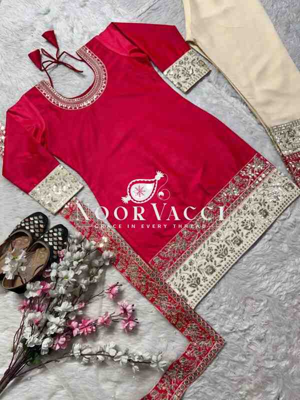Heavy Embroidered Satin Silk Suit with Dupatta and Faux Georgette Pant Set - Image 5
