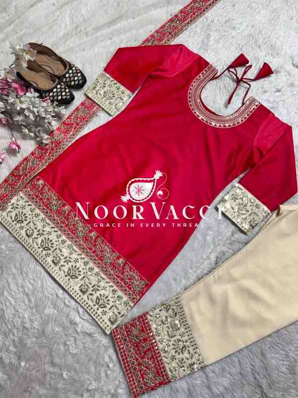 Heavy Embroidered Satin Silk Suit with Dupatta and Faux Georgette Pant Set - Image 6