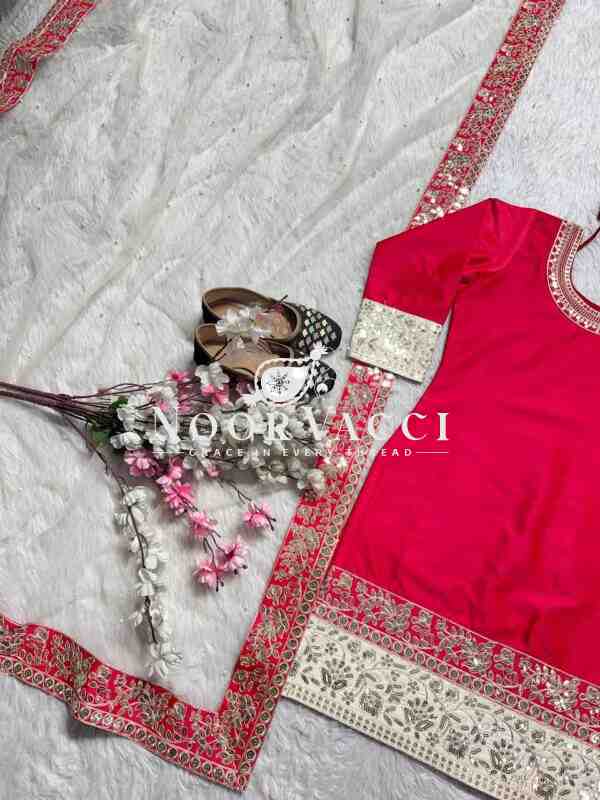 Heavy Embroidered Satin Silk Suit with Dupatta and Faux Georgette Pant Set - Image 8