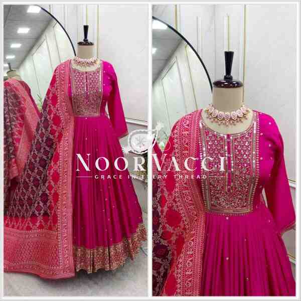 Pure Cinon Silk Embroidered Gown with Pant and Digital Print Dupatta - Image 14