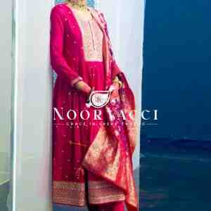 Pure Cinon Silk Embroidered Gown with Pant and Digital Print Dupatta