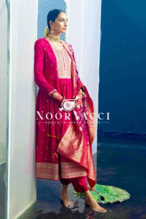 Shop Pure Cinon Silk Embroidered Gown with Pant and Digital Print Dupatta