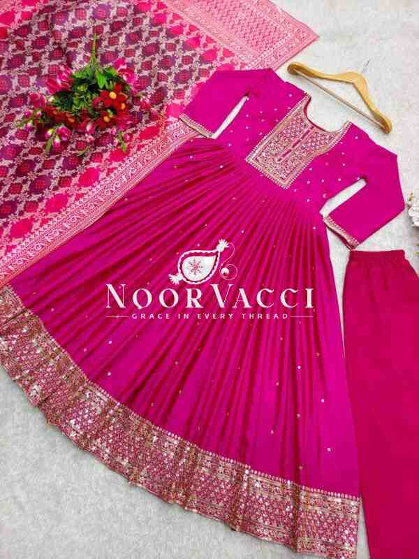 Pure Cinon Silk Embroidered Gown with Pant and Digital Print Dupatta - Image 9