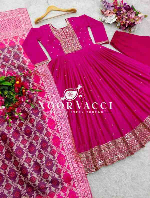 Pure Cinon Silk Embroidered Gown with Pant and Digital Print Dupatta - Image 10