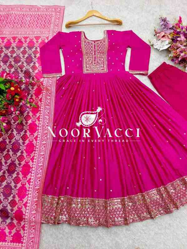 Pure Cinon Silk Embroidered Gown with Pant and Digital Print Dupatta - Image 11