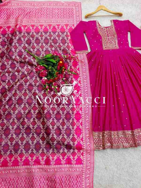 Pure Cinon Silk Embroidered Gown with Pant and Digital Print Dupatta - Image 13