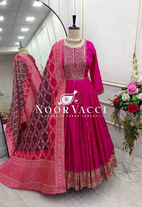Pure Cinon Silk Embroidered Gown with Pant and Digital Print Dupatta - Image 12