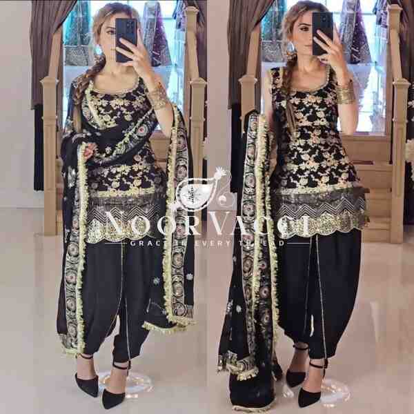 Designer Party Wear Top with Dhoti Salwar & Dupatta Set - Image 2