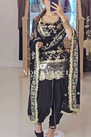 Shop Designer Party Wear Top with Dhoti Salwar & Dupatta Set
