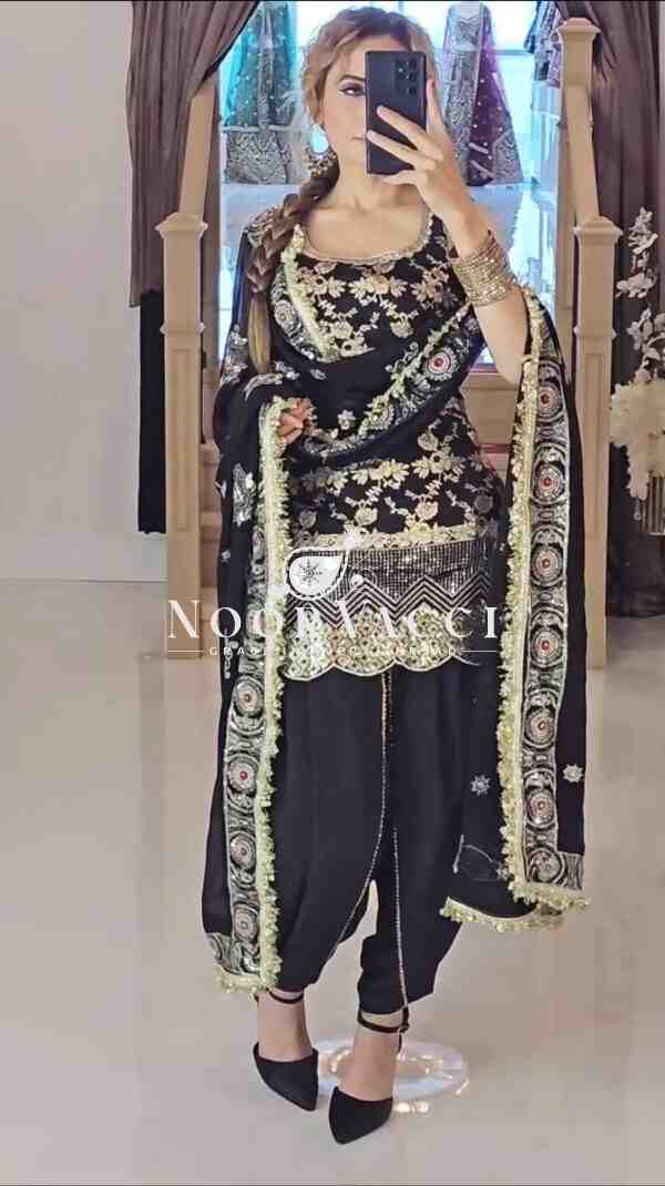 Designer Party Wear Top with Dhoti Salwar & Dupatta Set