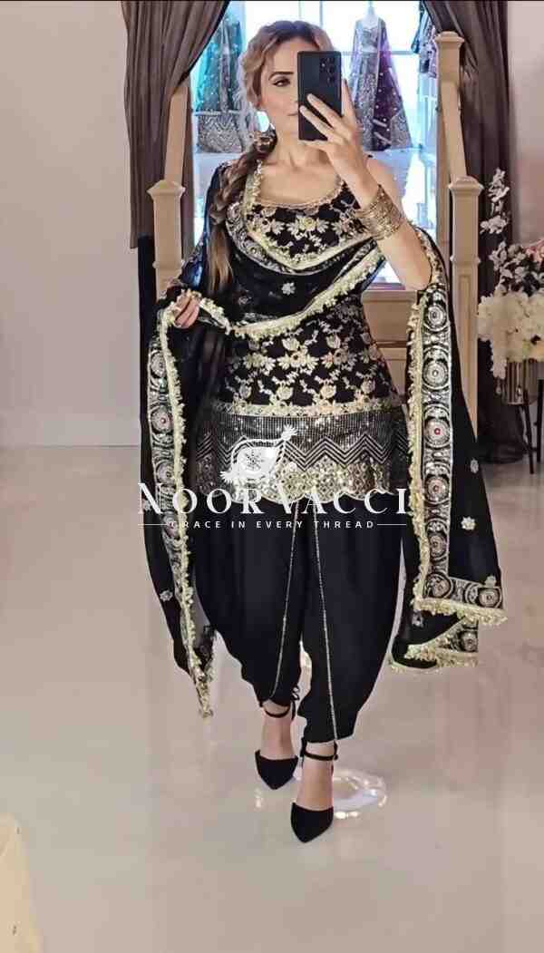 Designer Party Wear Top with Dhoti Salwar & Dupatta Set - Image 4