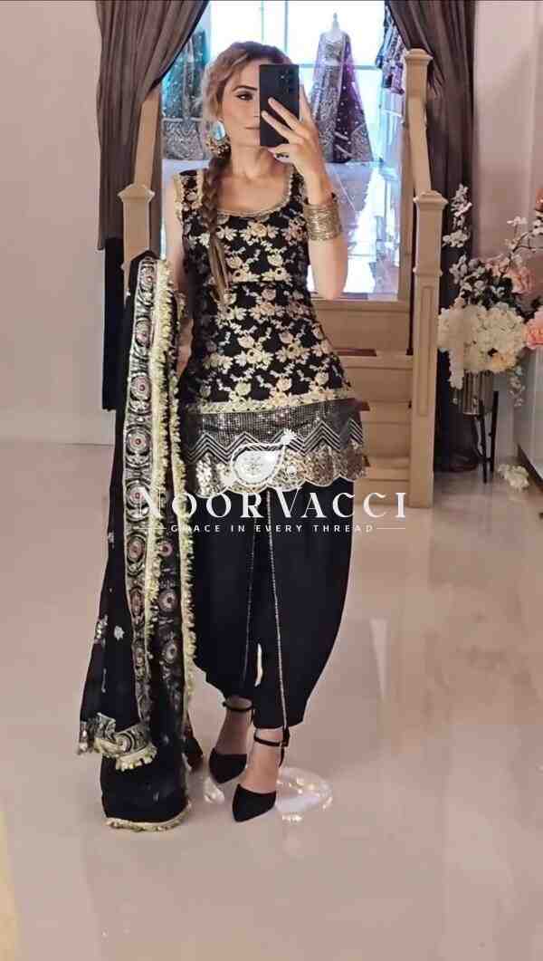 Designer Party Wear Top with Dhoti Salwar & Dupatta Set - Image 3