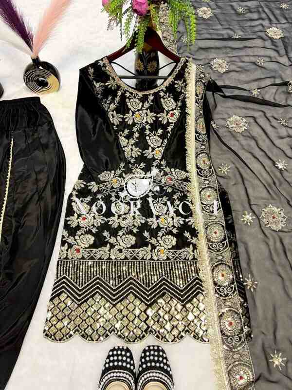 Designer Party Wear Top with Dhoti Salwar & Dupatta Set - Image 6
