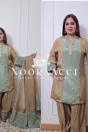 Shop Graceful Natural Satin Farshi Plazzo Suit Set with Ready Lace Dupatta