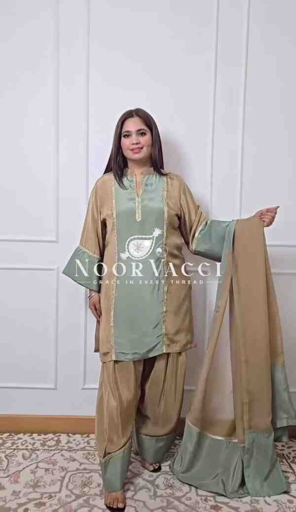 Graceful Natural Satin Farshi Plazzo Suit Set with Ready Lace Dupatta - Image 5