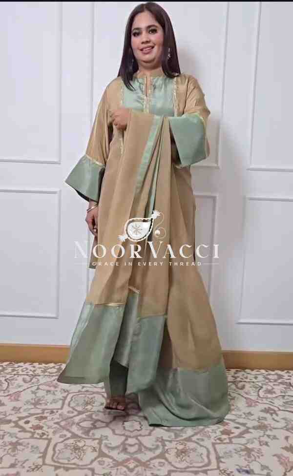 Graceful Natural Satin Farshi Plazzo Suit Set with Ready Lace Dupatta - Image 2