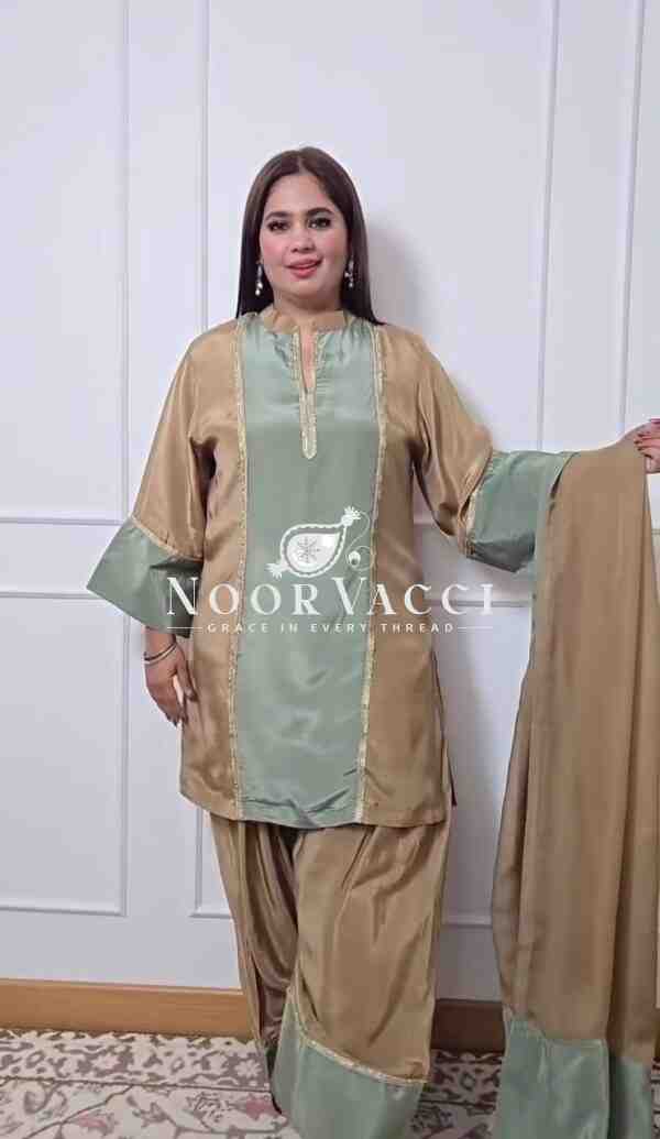Graceful Natural Satin Farshi Plazzo Suit Set with Ready Lace Dupatta - Image 3