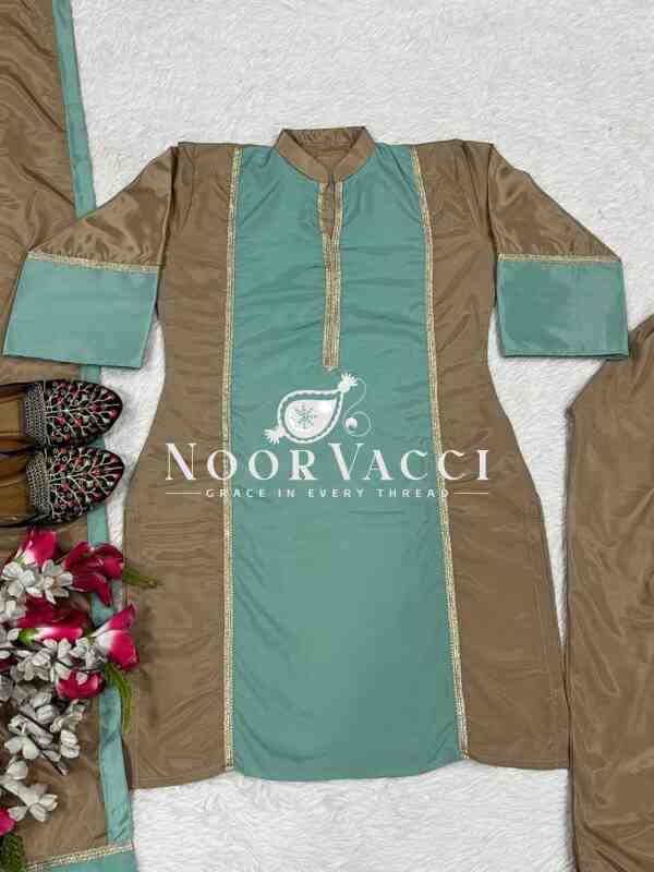 Graceful Natural Satin Farshi Plazzo Suit Set with Ready Lace Dupatta - Image 6