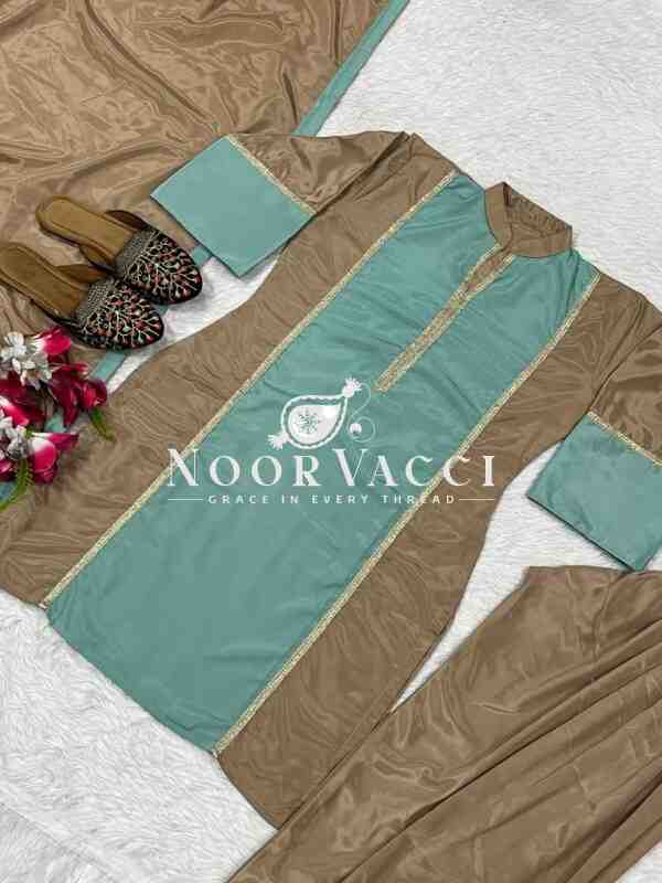 Graceful Natural Satin Farshi Plazzo Suit Set with Ready Lace Dupatta - Image 7
