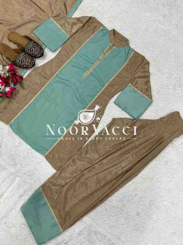 Graceful Natural Satin Farshi Plazzo Suit Set with Ready Lace Dupatta - Image 4