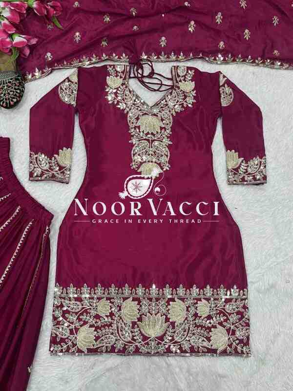 Elegant Embroidered Chinnon Silk Plazzo Set with Dupatta - Image 2