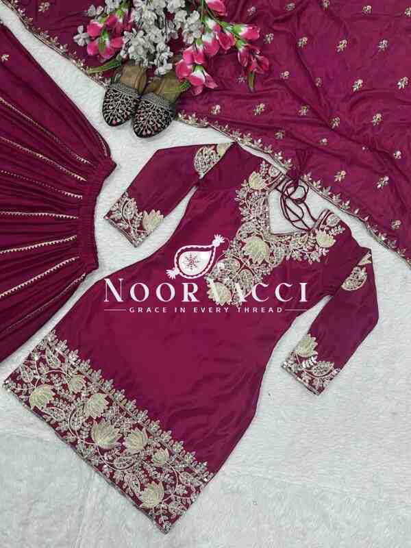 Elegant Embroidered Chinnon Silk Plazzo Set with Dupatta - Image 3