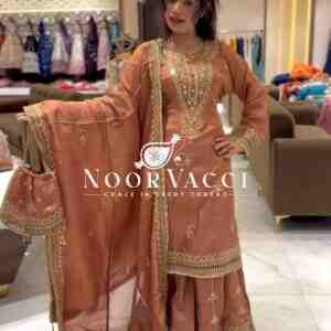 Pure Chinnon Silk Embroidered Plazzo Set – Fully Stitched Top, Bottom & Dupatta