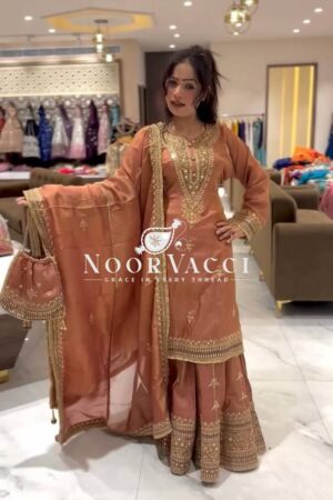 Buy Pure Chinnon Silk Embroidered Plazzo Set – Fully Stitched Top, Bottom & Dupatta