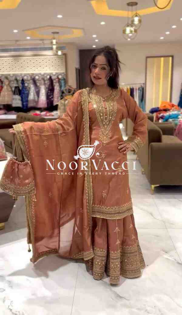 Pure Chinnon Silk Embroidered Plazzo Set – Fully Stitched Top, Bottom & Dupatta