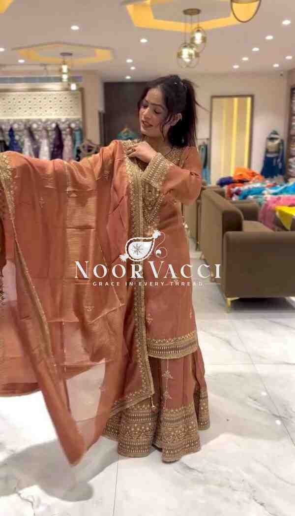 Pure Chinnon Silk Embroidered Plazzo Set – Fully Stitched Top, Bottom & Dupatta - Image 2