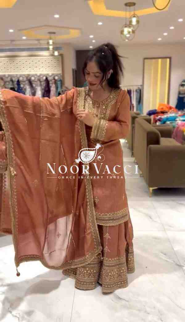Pure Chinnon Silk Embroidered Plazzo Set – Fully Stitched Top, Bottom & Dupatta - Image 3