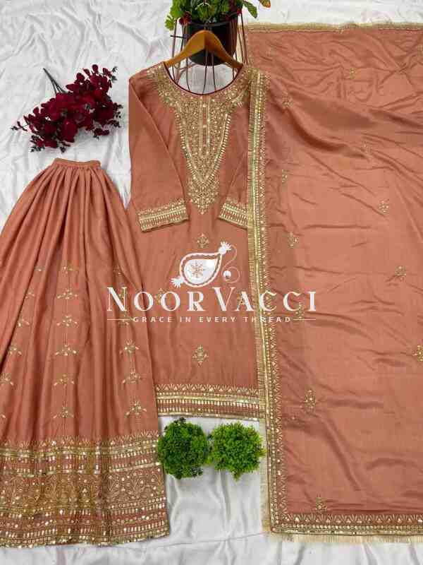 Pure Chinnon Silk Embroidered Plazzo Set – Fully Stitched Top, Bottom & Dupatta - Image 5