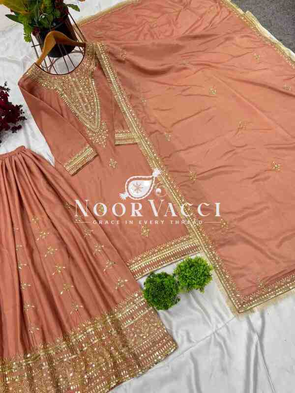 Pure Chinnon Silk Embroidered Plazzo Set – Fully Stitched Top, Bottom & Dupatta - Image 4