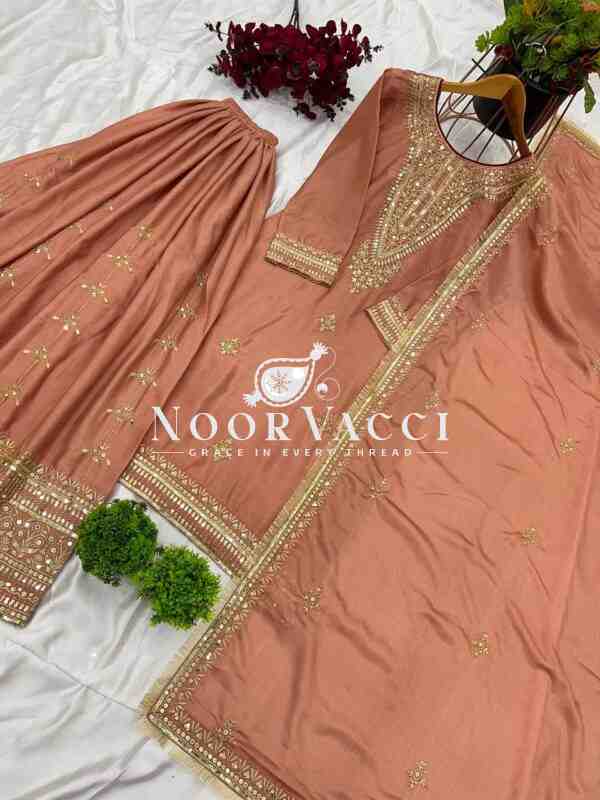 Pure Chinnon Silk Embroidered Plazzo Set – Fully Stitched Top, Bottom & Dupatta - Image 6