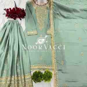 Pure Chinnon Silk Embroidered Plazzo Set – Fully Stitched Top, Bottom & Dupatta
