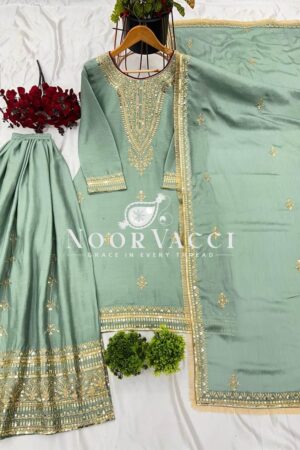 Shop Pure Chinnon Silk Embroidered Plazzo Set – Fully Stitched Top, Bottom & Dupatta
