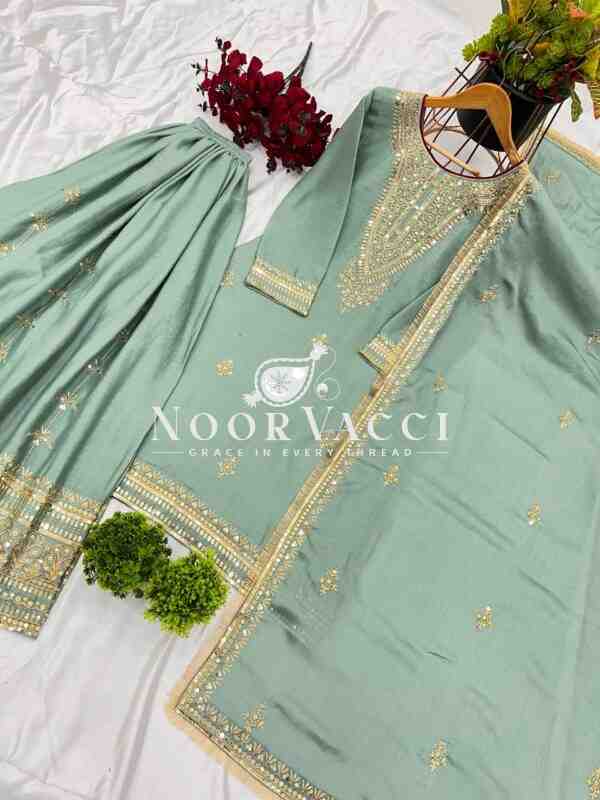 Pure Chinnon Silk Embroidered Plazzo Set – Fully Stitched Top, Bottom & Dupatta - Image 2