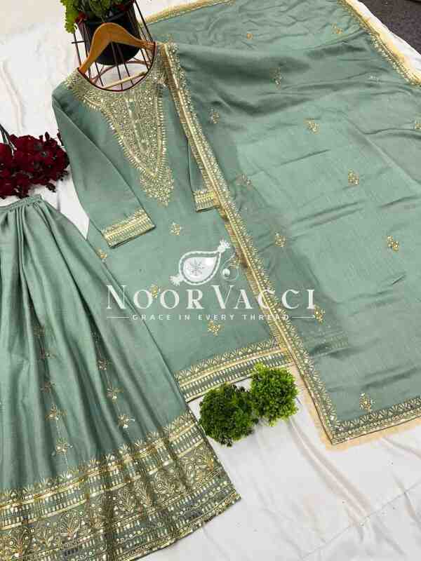 Pure Chinnon Silk Embroidered Plazzo Set – Fully Stitched Top, Bottom & Dupatta - Image 3