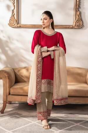 Shop Satin Silk Embroidered Suit with Rivet Moti Butterfly Net Dupatta