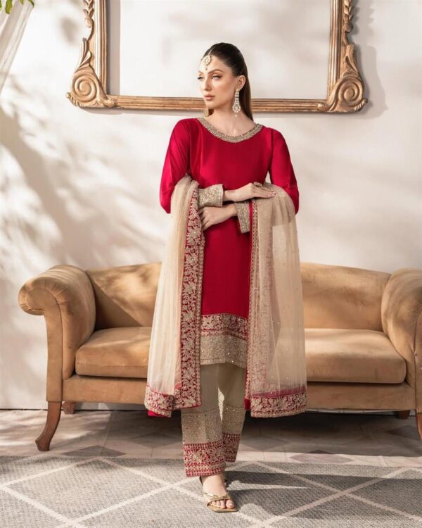 Shop Satin Silk Embroidered Suit with Rivet Moti Butterfly Net Dupatta