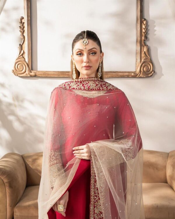 Shop Satin Silk Embroidered Suit with Rivet Moti Butterfly Net Dupatta - Image 2