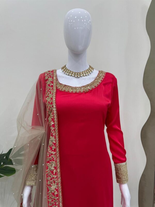 Shop Satin Silk Embroidered Suit with Rivet Moti Butterfly Net Dupatta - Image 4