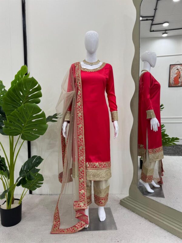 Shop Satin Silk Embroidered Suit with Rivet Moti Butterfly Net Dupatta - Image 5