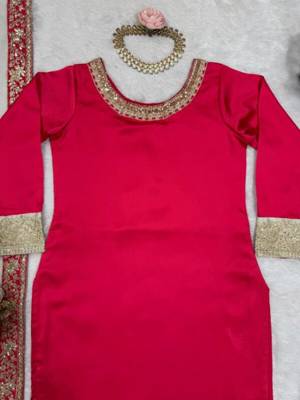 Shop Satin Silk Embroidered Suit with Rivet Moti Butterfly Net Dupatta - Image 6