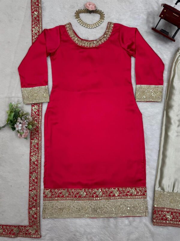 Shop Satin Silk Embroidered Suit with Rivet Moti Butterfly Net Dupatta - Image 7