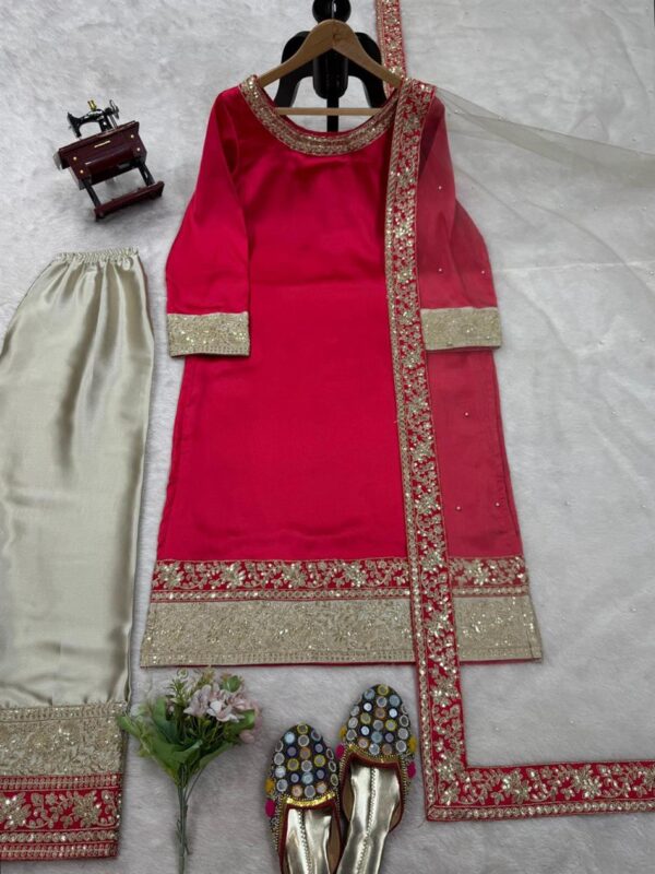 Shop Satin Silk Embroidered Suit with Rivet Moti Butterfly Net Dupatta - Image 9