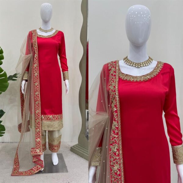 Shop Satin Silk Embroidered Suit with Rivet Moti Butterfly Net Dupatta - Image 3