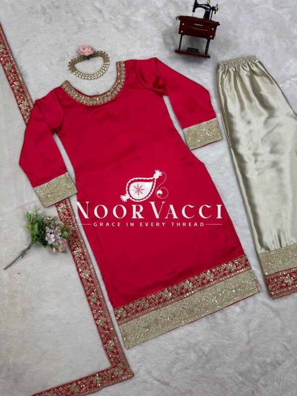 Shop Satin Silk Embroidered Suit with Rivet Moti Butterfly Net Dupatta - Image 8